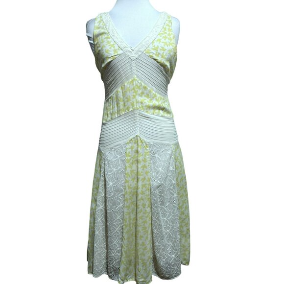 Anthropology Leifnotes Bird Print Midi Patchwork Eyelet Lemon White Dress Sz 0 - Picture 1 of 8